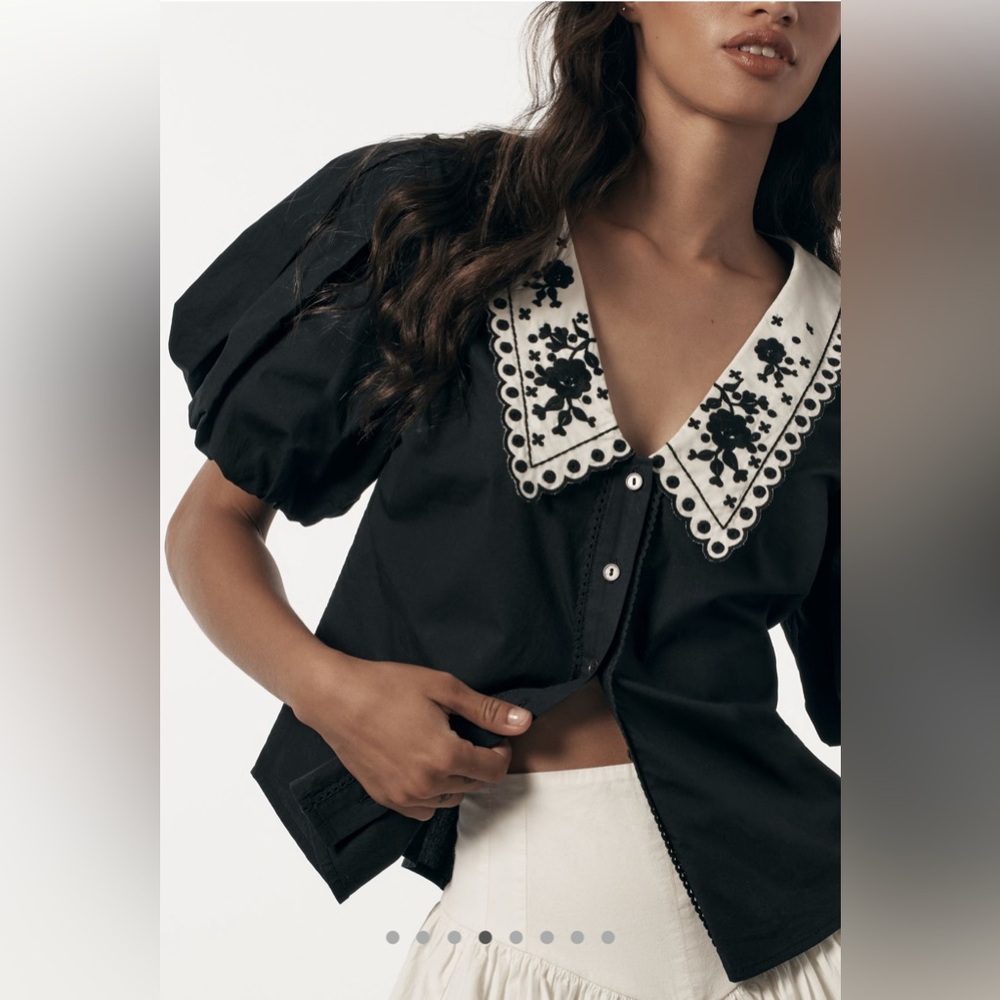 By Anthro Puff Sleeve Top with Embroidered Collar